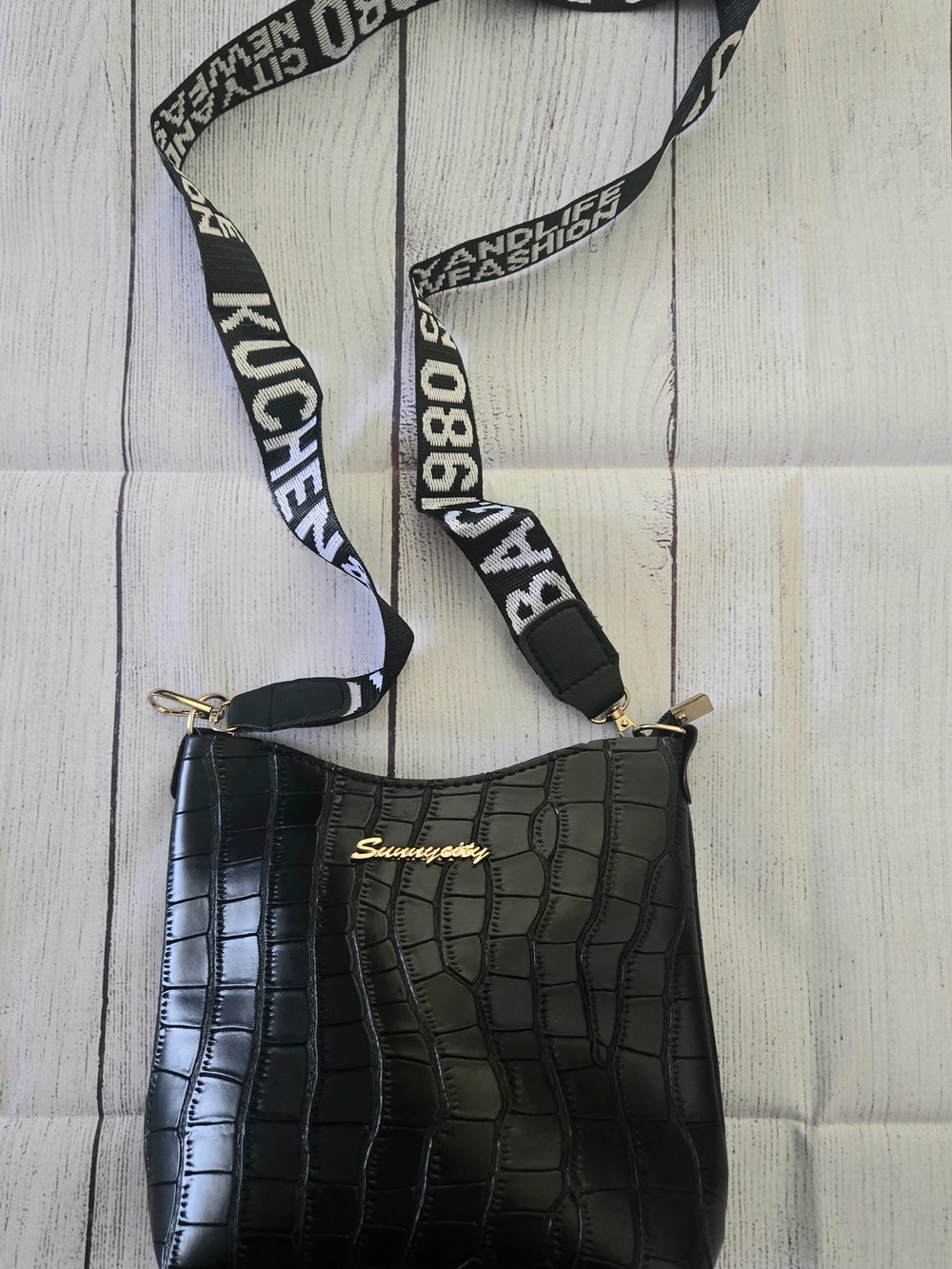 Black Croc-Embossed Crossbody Bag with Logo Strap